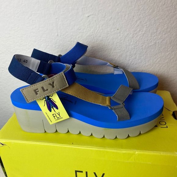 Fly London Womens Size 40 US 9 Sandals Wedge YEFA726FLY CUPIDO Hook & Look Azure - Picture 1 of 7